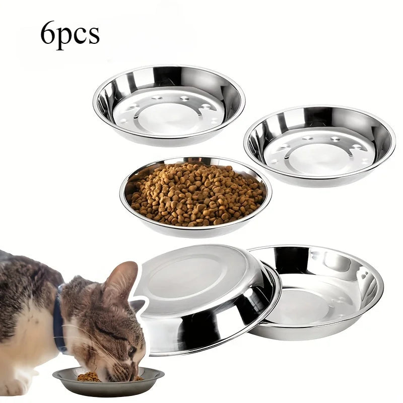 A set of six stainless steel cat bowls, including multiple sizes and a food bowl, with an anti-tip base.