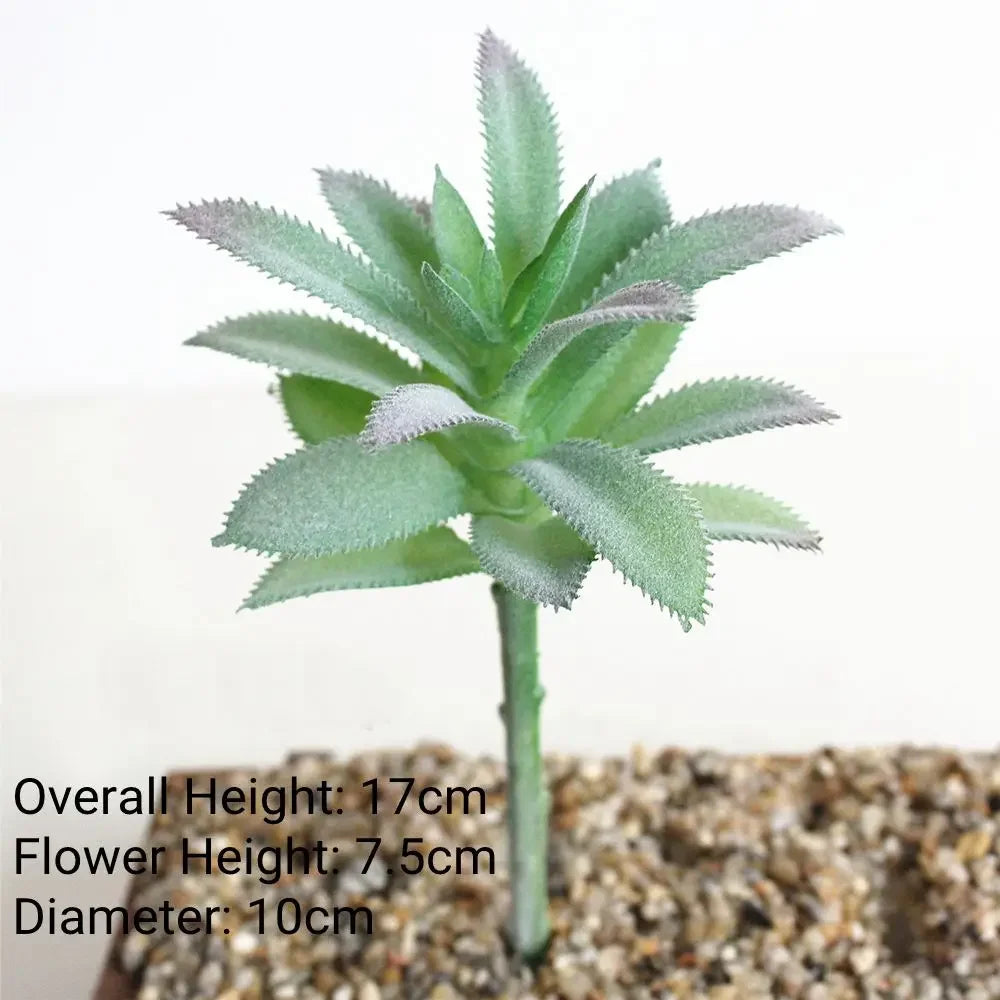 A small, green flocked artificial succulent plant with silvery tips, showing its height and diameter.