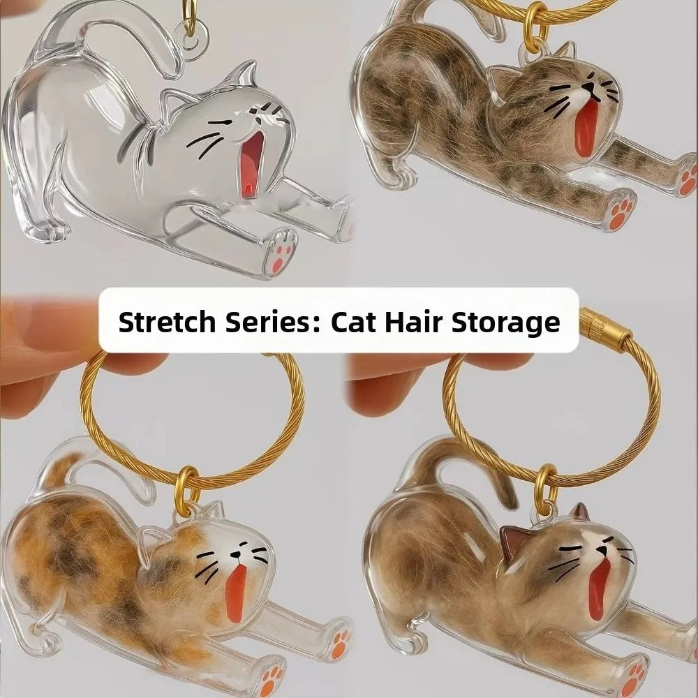 Eine Reihe transparenter und fester Katzenfiguren als Schlüsselanhänger zur Haartaufbewahrung.