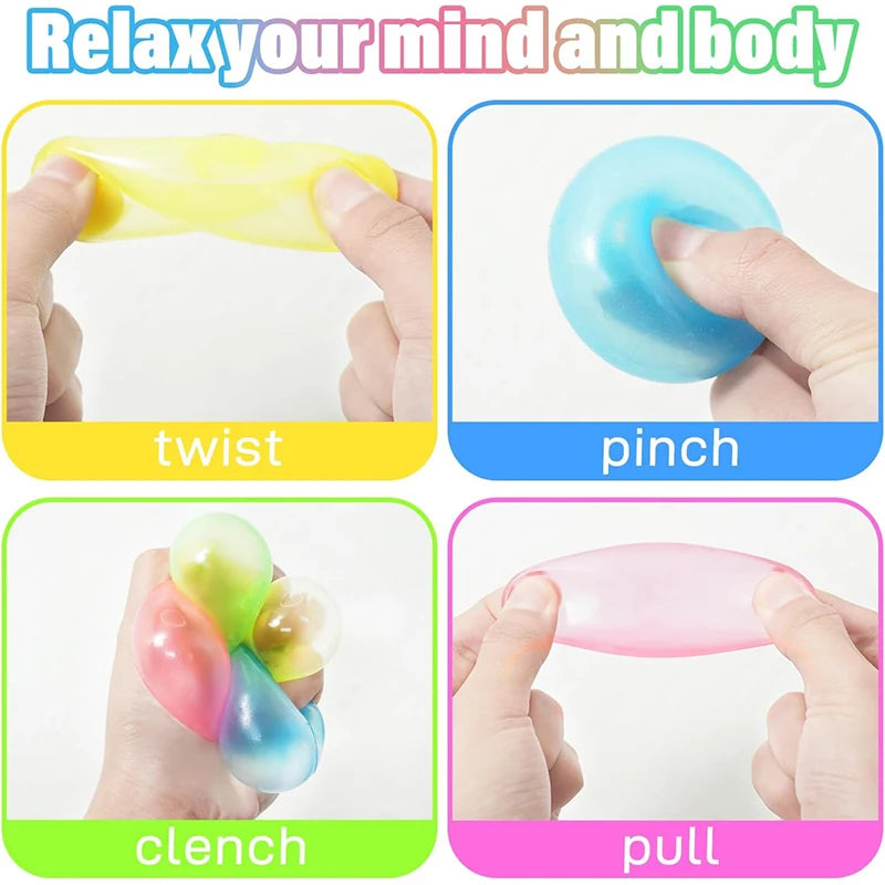Four hands demonstrate twisting, pinching, clenching, and pulling glow-in-the-dark sticky sensory balls.