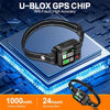 A black U-blox GPS chip collar with a strap is displayed on a blue circuit board background.