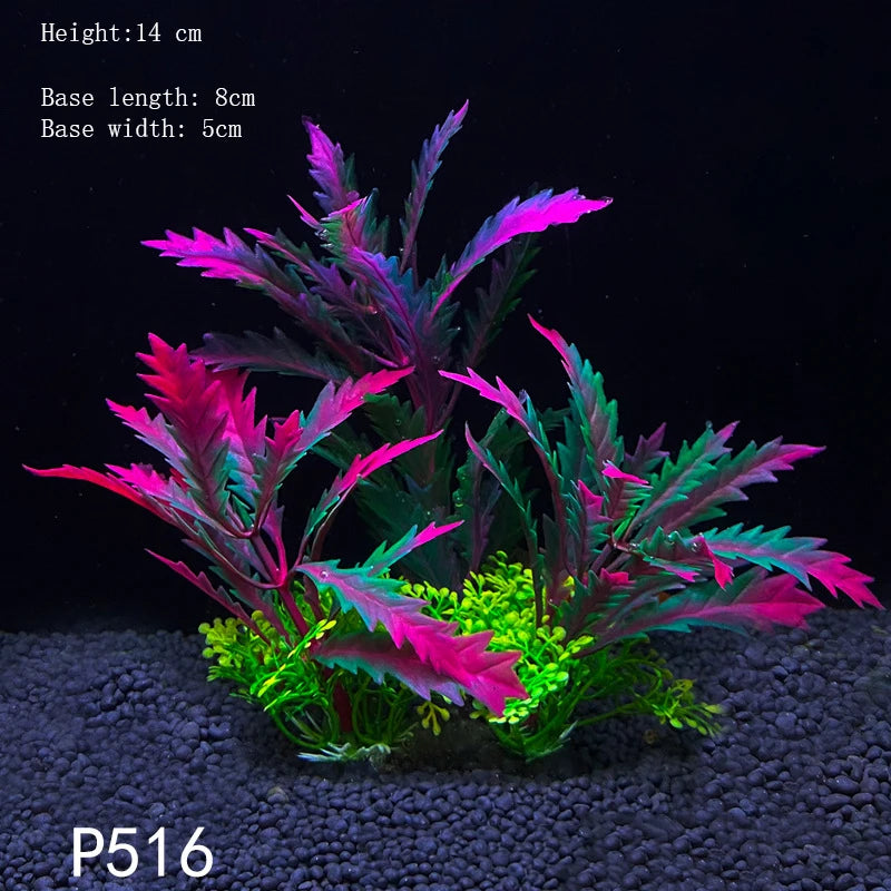 A vibrant artificial aquarium plant with magenta and green leaves is shown against a dark background.