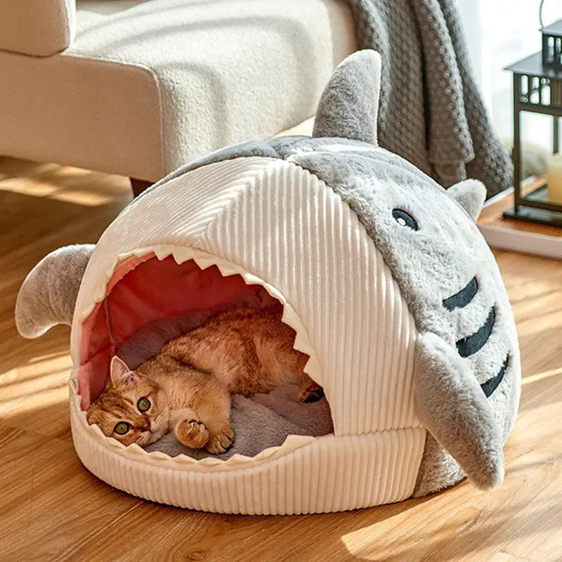 Cartoon Shark Pet Cave Bed for Cats and Small Dogs