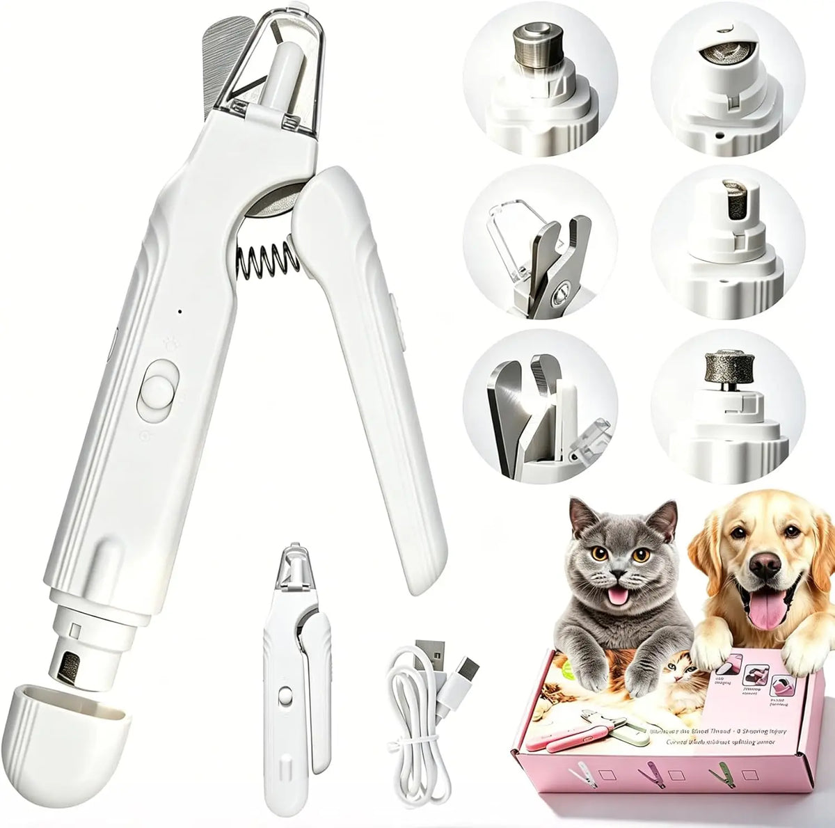 Weißer 2-in-1 Elektro-Nageltrimmer und -fräser mit verschiedenen Aufsätzen.