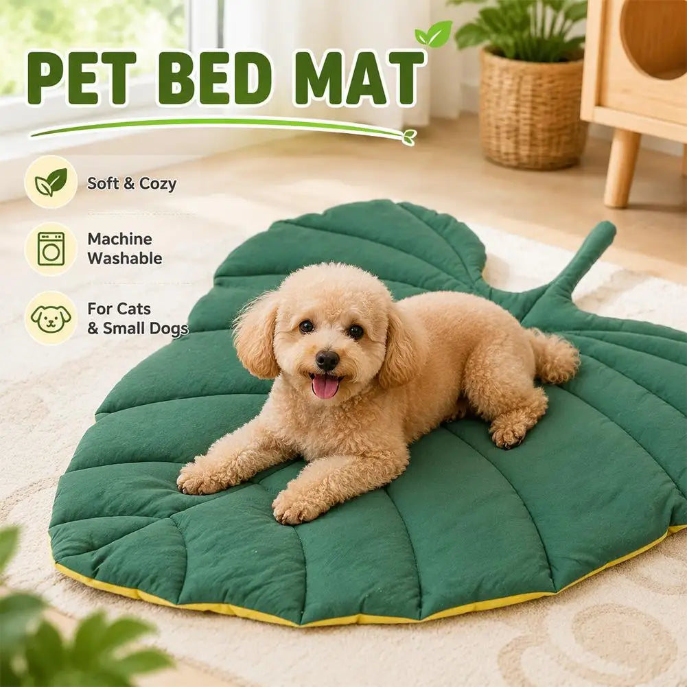 A fluffy light brown dog is lying on a green leaf-shaped pet mat indoors.