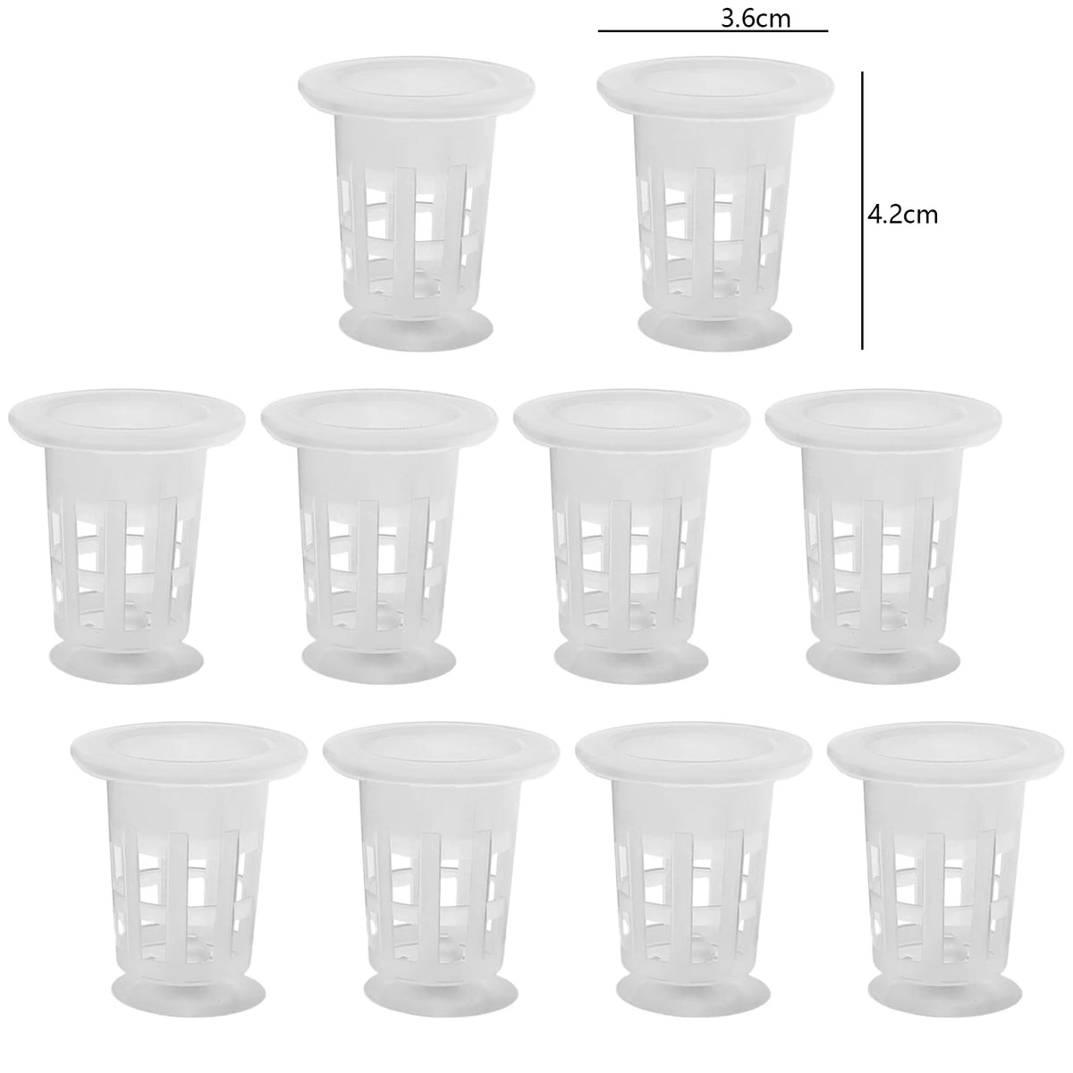 A set of white plastic aquarium planting cups with varying heights and designs.