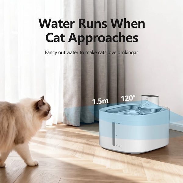 A blue wireless cat water fountain is placed on a wooden floor next to a cat, with water running from the device.