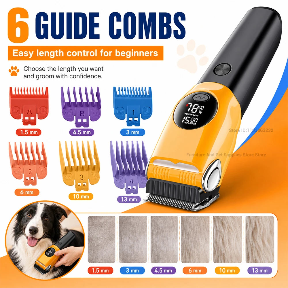 Professional Cordless Pet Grooming Clipper with LED Light and 6 Guide Combs