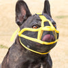 A dark-colored dog wearing a yellow nylon muzzle for short-nosed breeds.