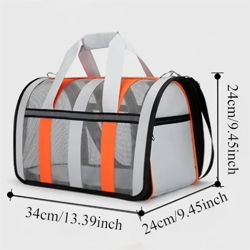A foldable mesh pet carrier with an orange and white design shown from the side.
