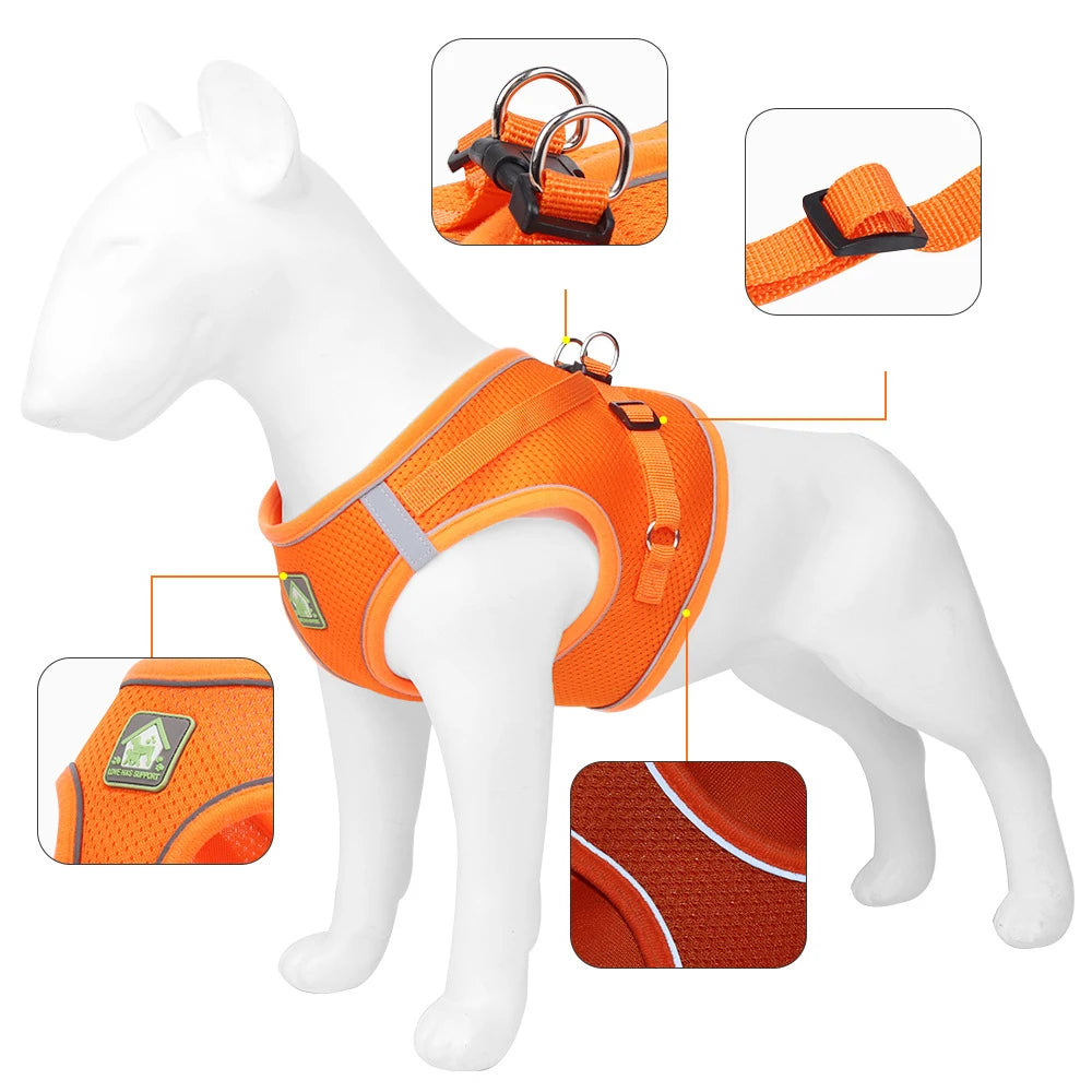 Orange breathable reflective vest harness for dogs shown with close-ups of the buckle and reflective strip