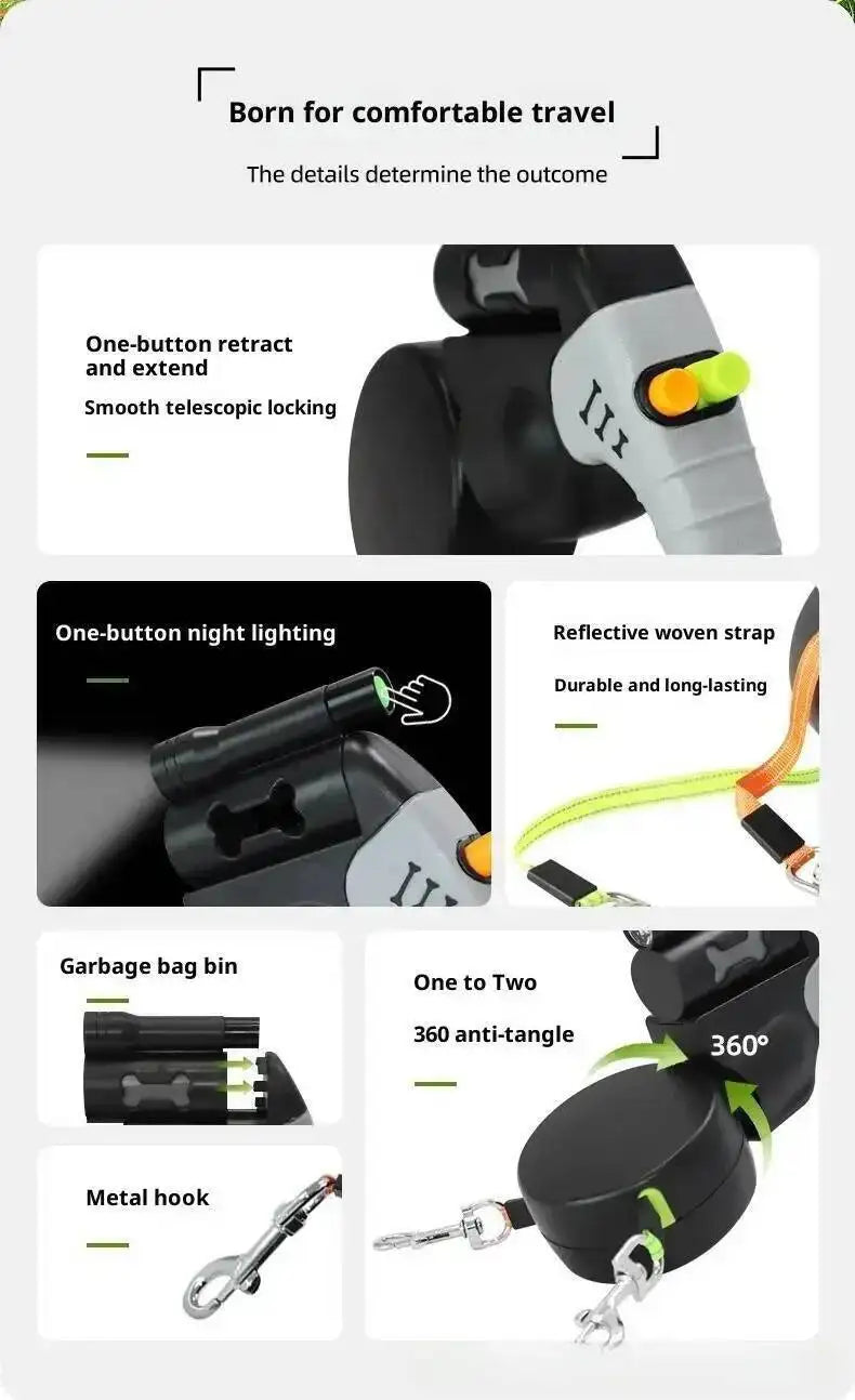 A set of double dog retractable leashes featuring one-button retract/extend, night lighting, garbage bag bin, and a metal hoo