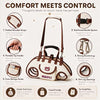 A beige and brown pet carrier bag with padded straps, buckle system, and storage pockets shown in various detail.