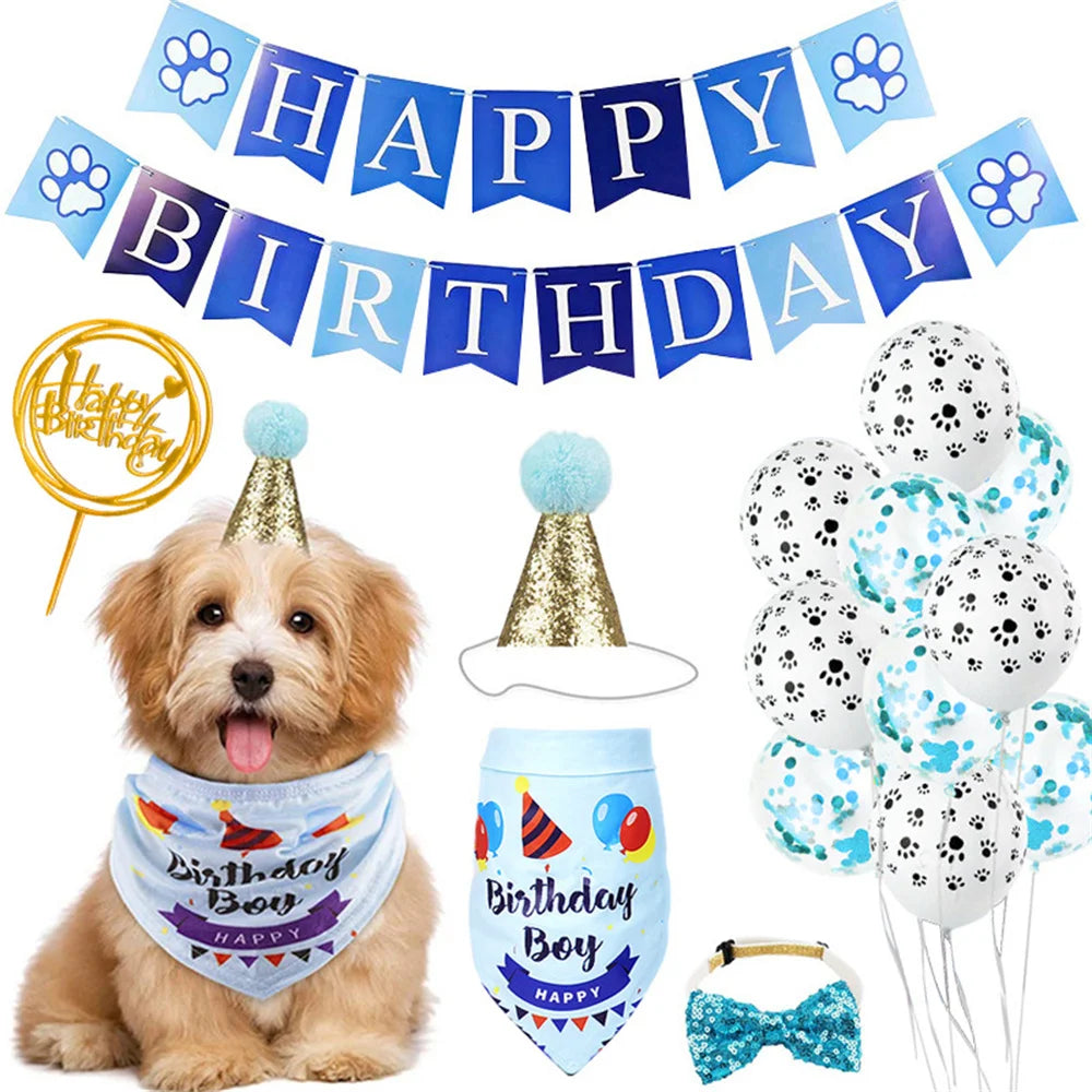 A birthday party decoration kit featuring a banner, balloons, and a dog bandana for a pet's birthday celebration.