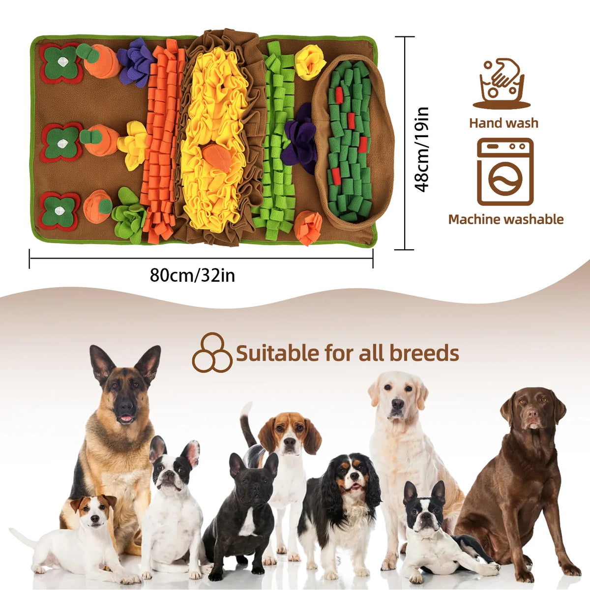 A brown pet sniffing training blanket with various colored fabric strips and a wooden bowl for dogs.