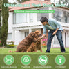 A man interacts with two dogs while a device is shown, demonstrating the ultrasonic and flash shock mode for dog deterrence.