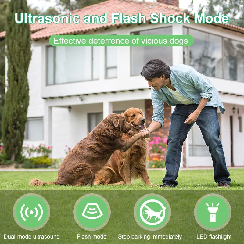 A man interacts with two dogs while a device is shown, demonstrating the ultrasonic and flash shock mode for dog deterrence.