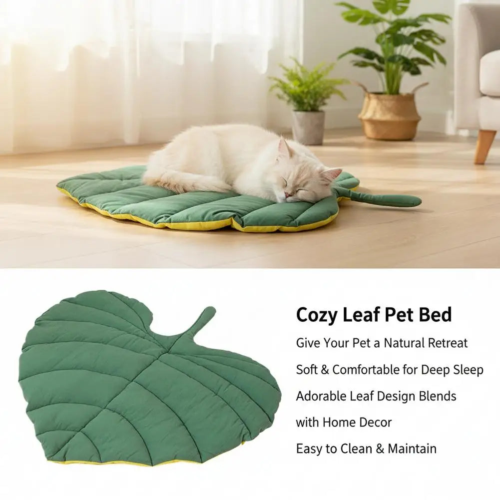 A green leaf-shaped pet bed is shown with a white cat resting on it indoors.