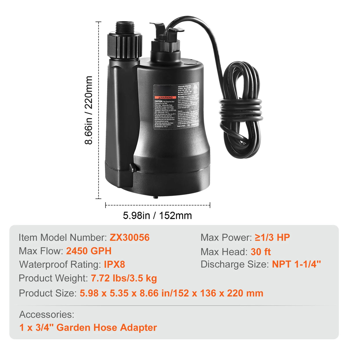Submersible Utility Pump – 1/3 HP, 2450 GPH for Fast Water Removal