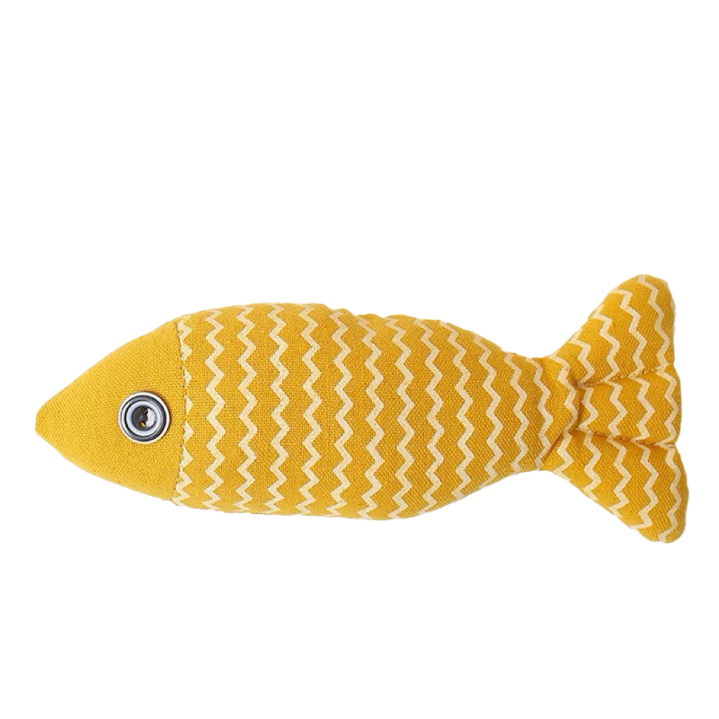 A yellow, textured fish plush toy with a zigzag pattern and an eye visible.