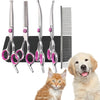 A set of professional stainless steel pet grooming scissors and a comb displayed next to a dog and a cat.