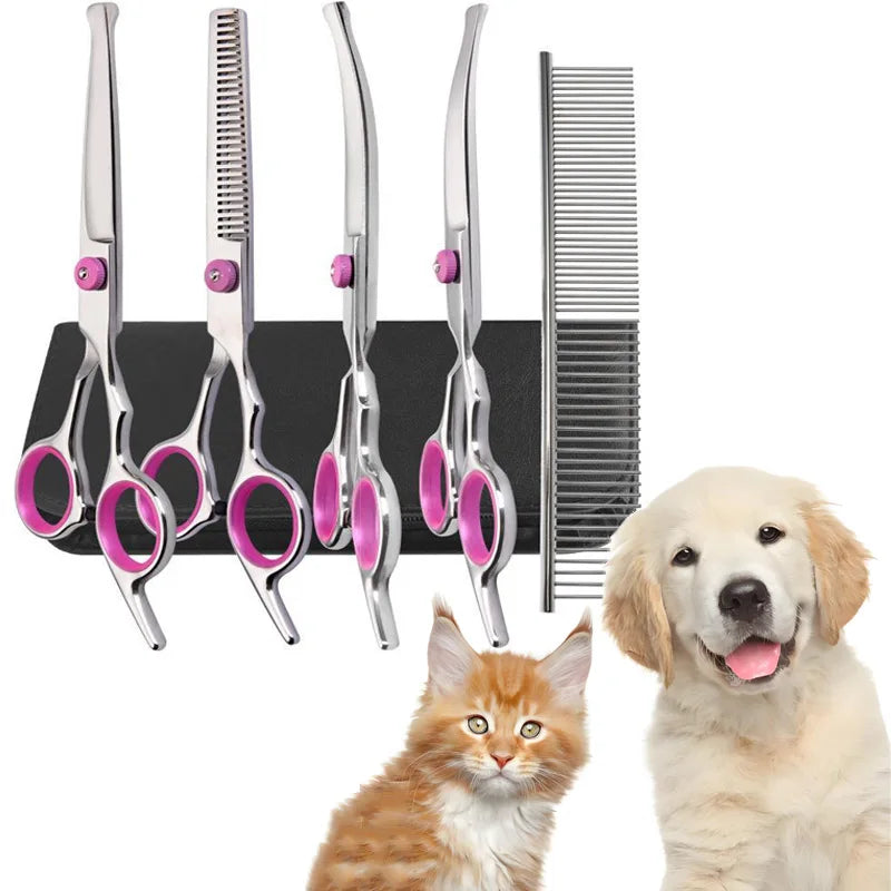 A set of professional stainless steel pet grooming scissors and a comb displayed next to a dog and a cat.