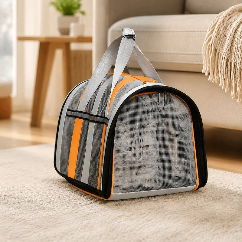 A gray and orange mesh travel carrier bag with a handle is placed on a light-colored rug.