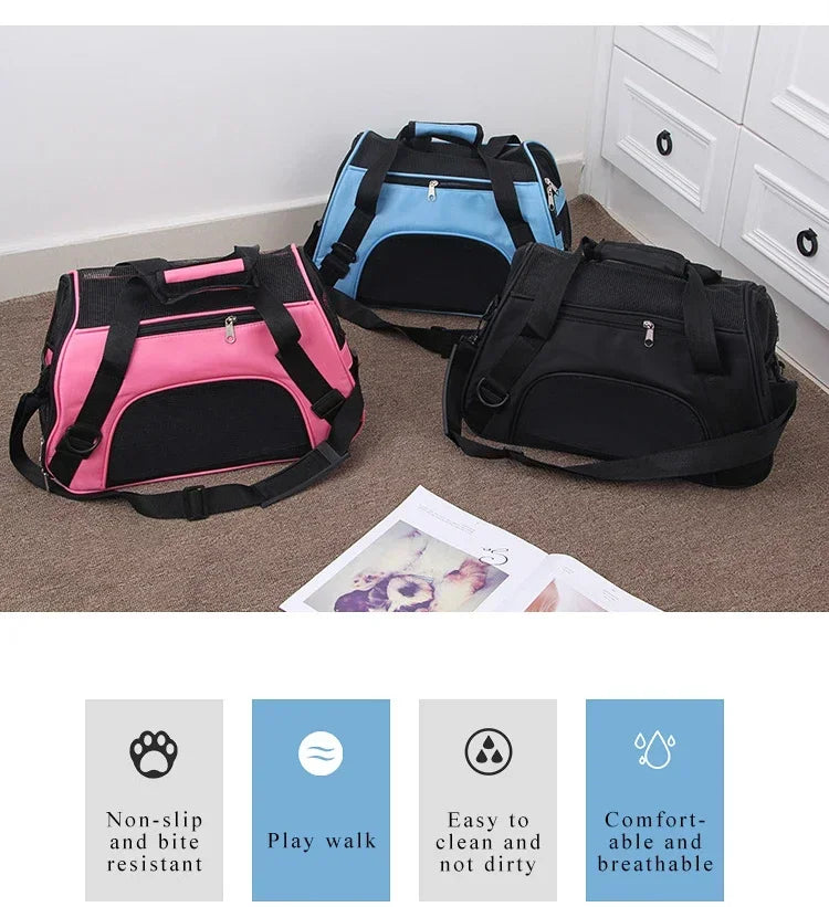 Three portable pet carriers for cats and dogs in black, pink, and blue against a light background.
