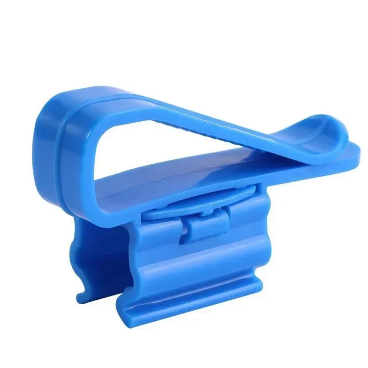 A blue plastic aquarium siphon hose clip designed to secure hoses or tubes.