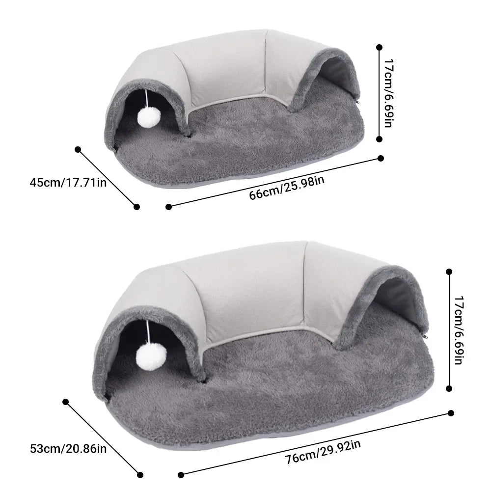 A light gray oval cat tunnel and cozy bed nest with measurements provided.