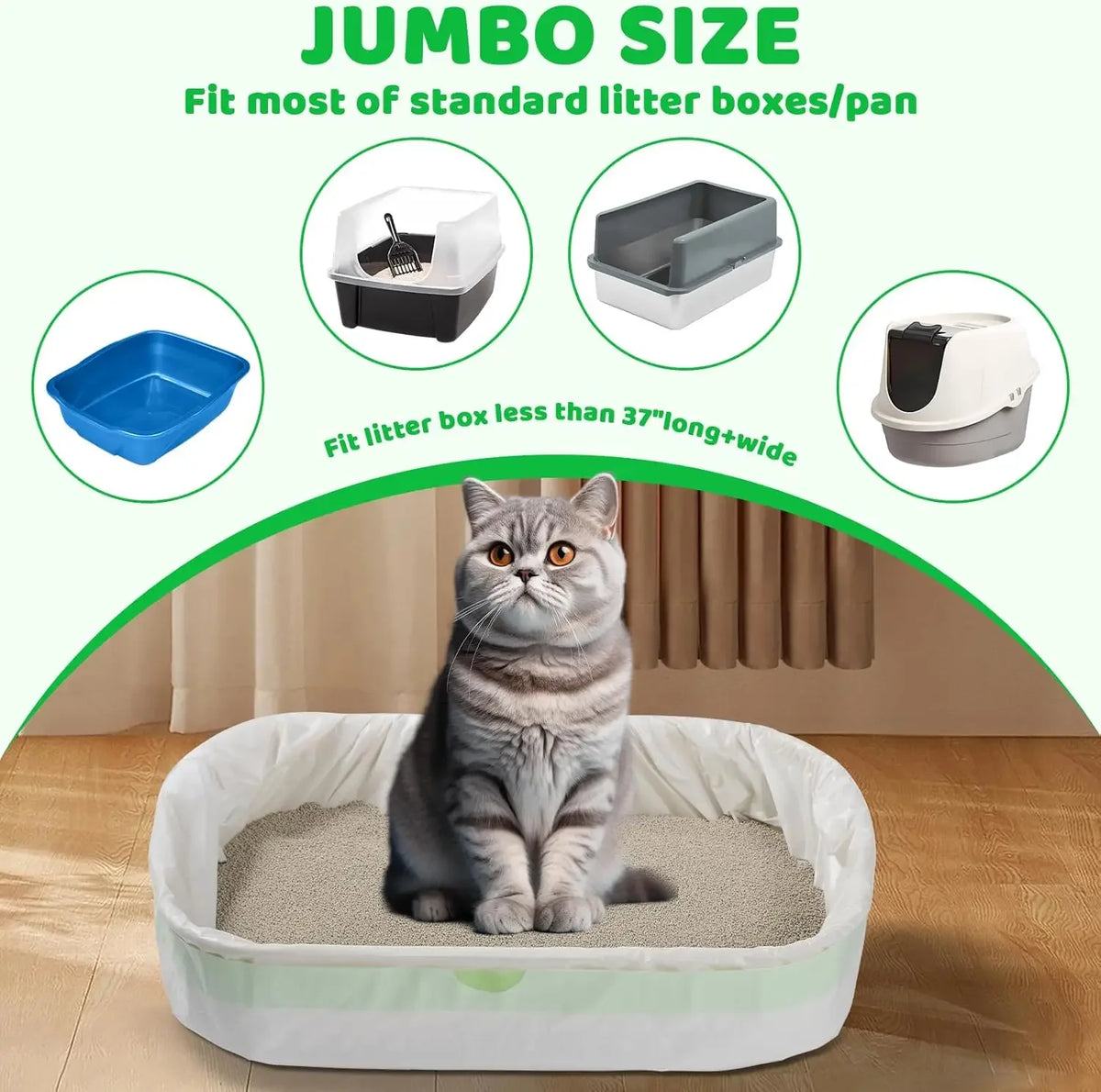 A fluffy gray cat is sitting inside a large white litter box liner, demonstrating the product's fit.
