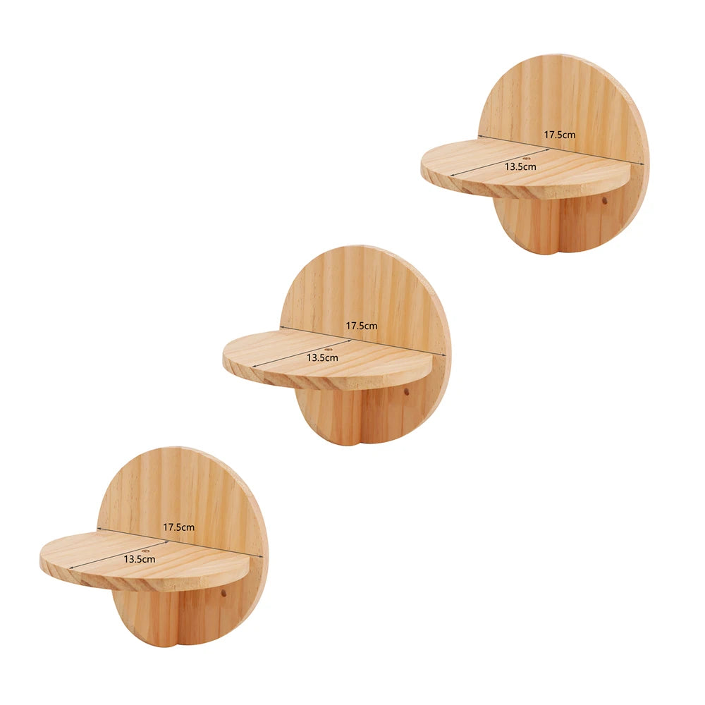 Étagère murale en forme de lune en bois avec hamac pour chat, montrant divers angles et dimensions.