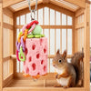 A small brown squirrel is sitting inside a wooden habitat, looking at an interactive hanging chewing toy made of pink foam an