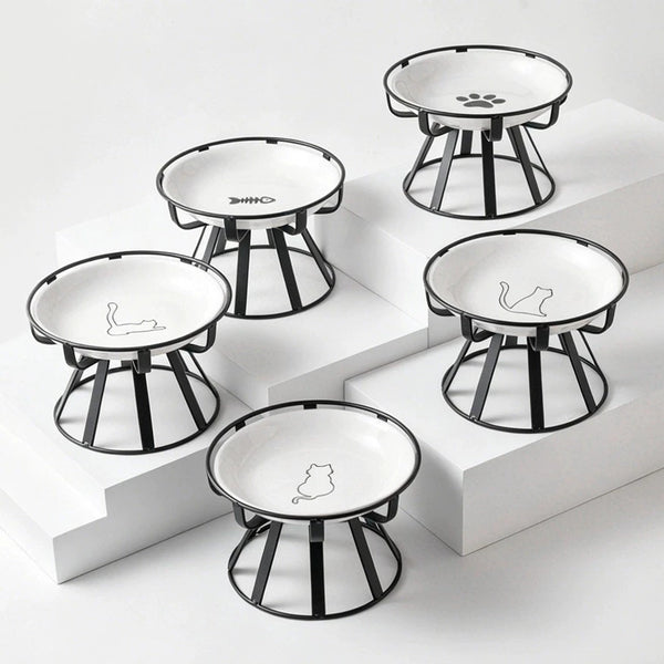 A set of five elevated ceramic cat bowls with anti-slip iron stands displayed on a white surface.