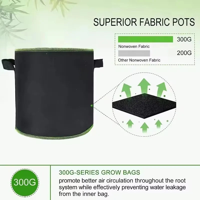 Black nonwoven fabric grow bags with handles shown next to a diagram illustrating superior fabric options.