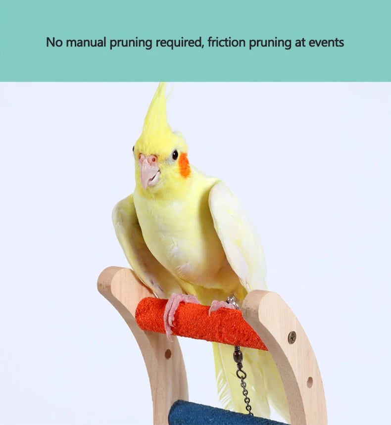 A yellow parrot is perched on a wooden climbing ladder for parrots.