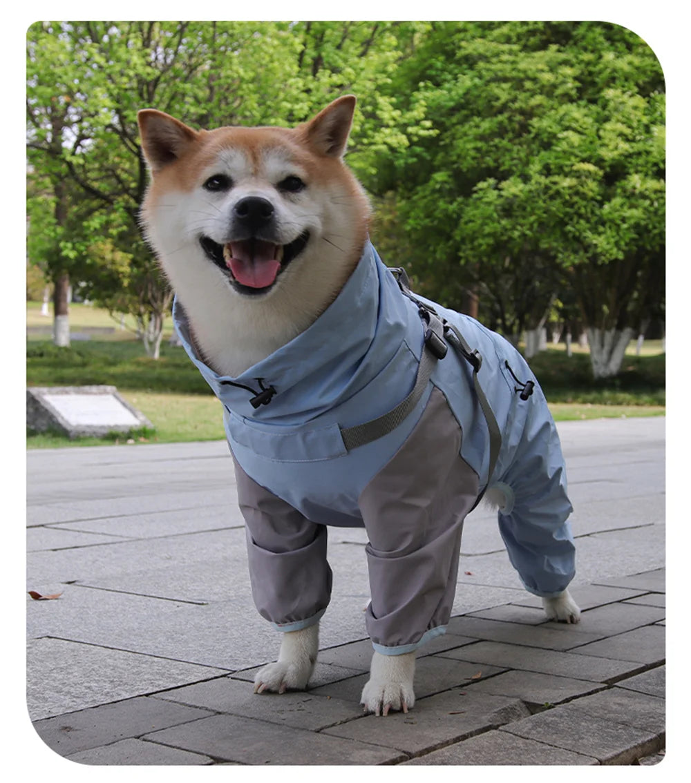Double-Layer Waterproof Dog Raincoat with Built-in Harness and Detachable Hood