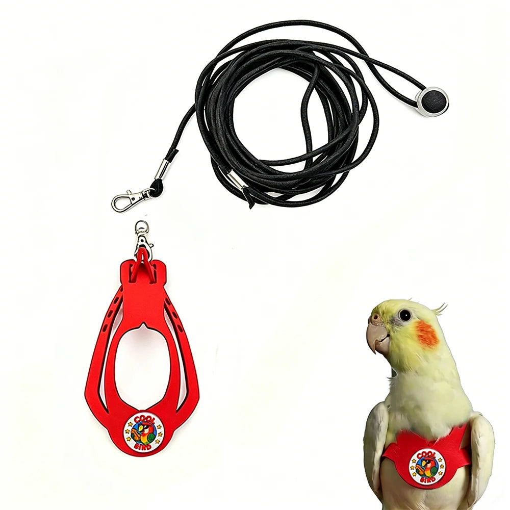 A red adjustable parrot harness and black elastic leash set with a yellow parrot.