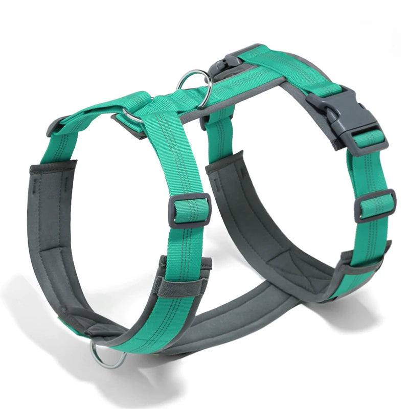 A green and gray adjustable no-pull reflective dog harness with an H-shaped design.