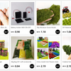 Various artificial moss products including a seed model, grass tuft, and DIY craft accessories.