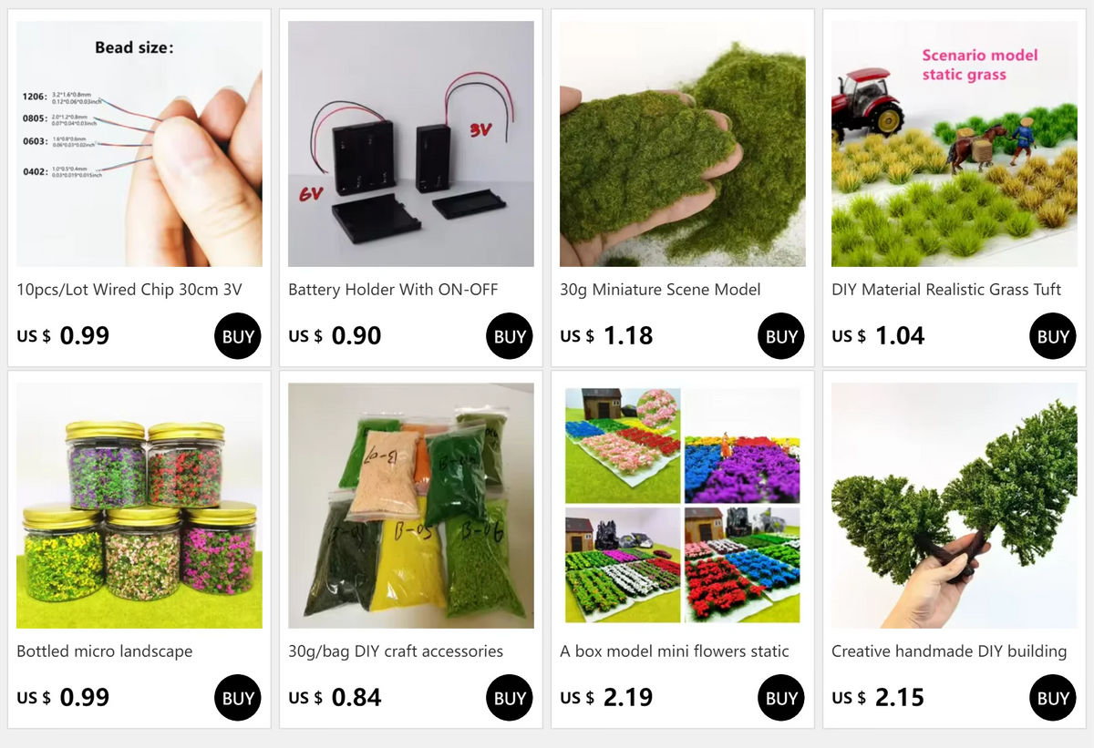 Various artificial moss products including a seed model, grass tuft, and DIY craft accessories.