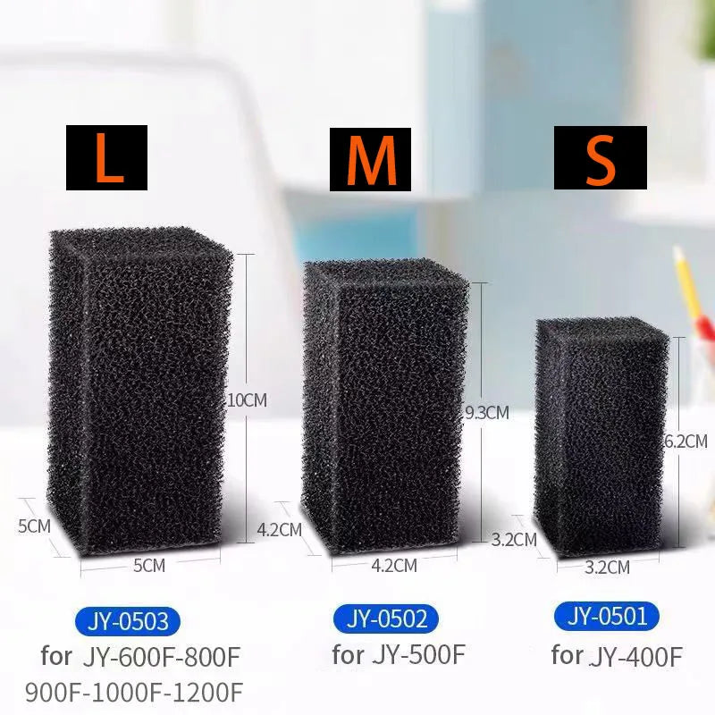 Three blocks of black high-density bio sponge filter media labeled L, M, and S showing different sizes for aquarium filtratio
