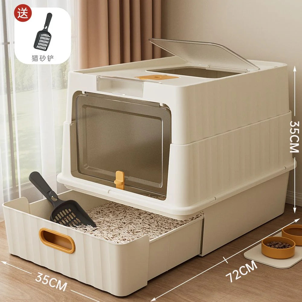 A white enclosed stainless steel cat litter box is shown with a lid open, featuring a tray for litter and a handle for easy a