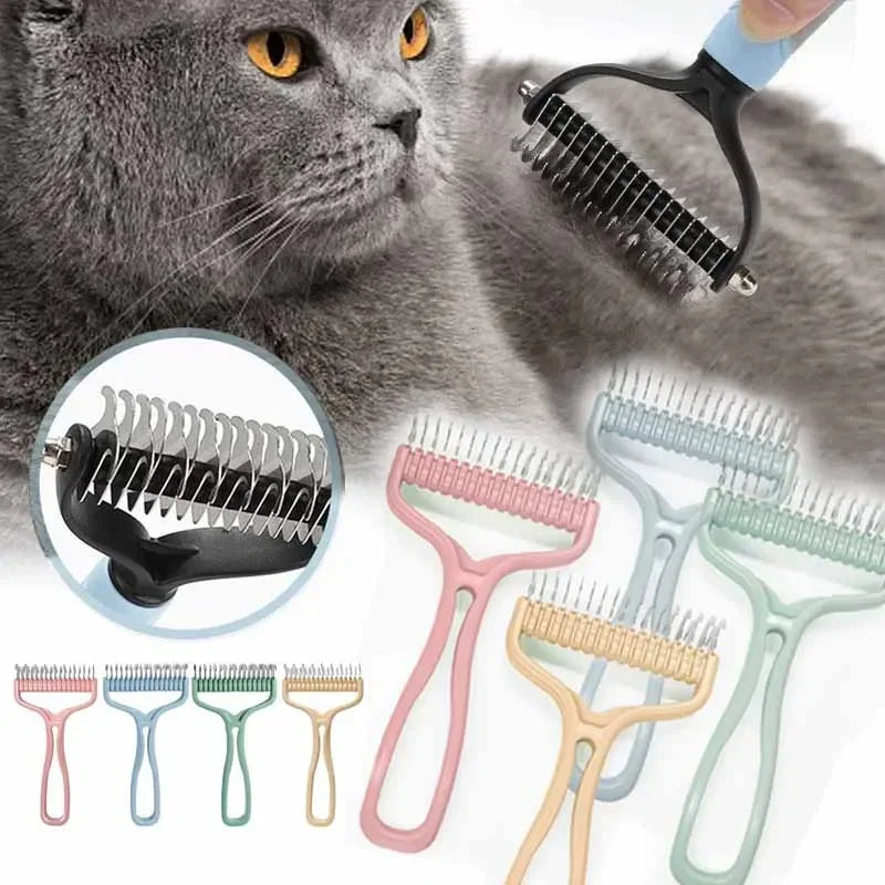 A collection of various pet grooming brushes and tools for pet hair removal