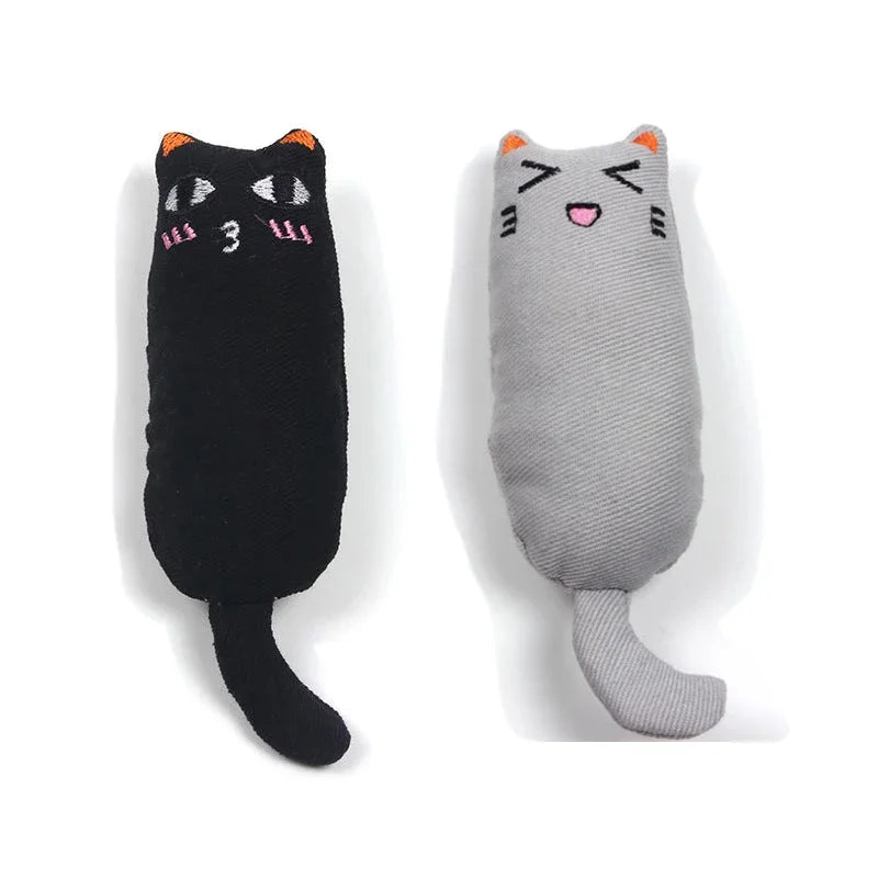 A pair of plush cat toys shaped like cats, one black and one gray, with orange accents.