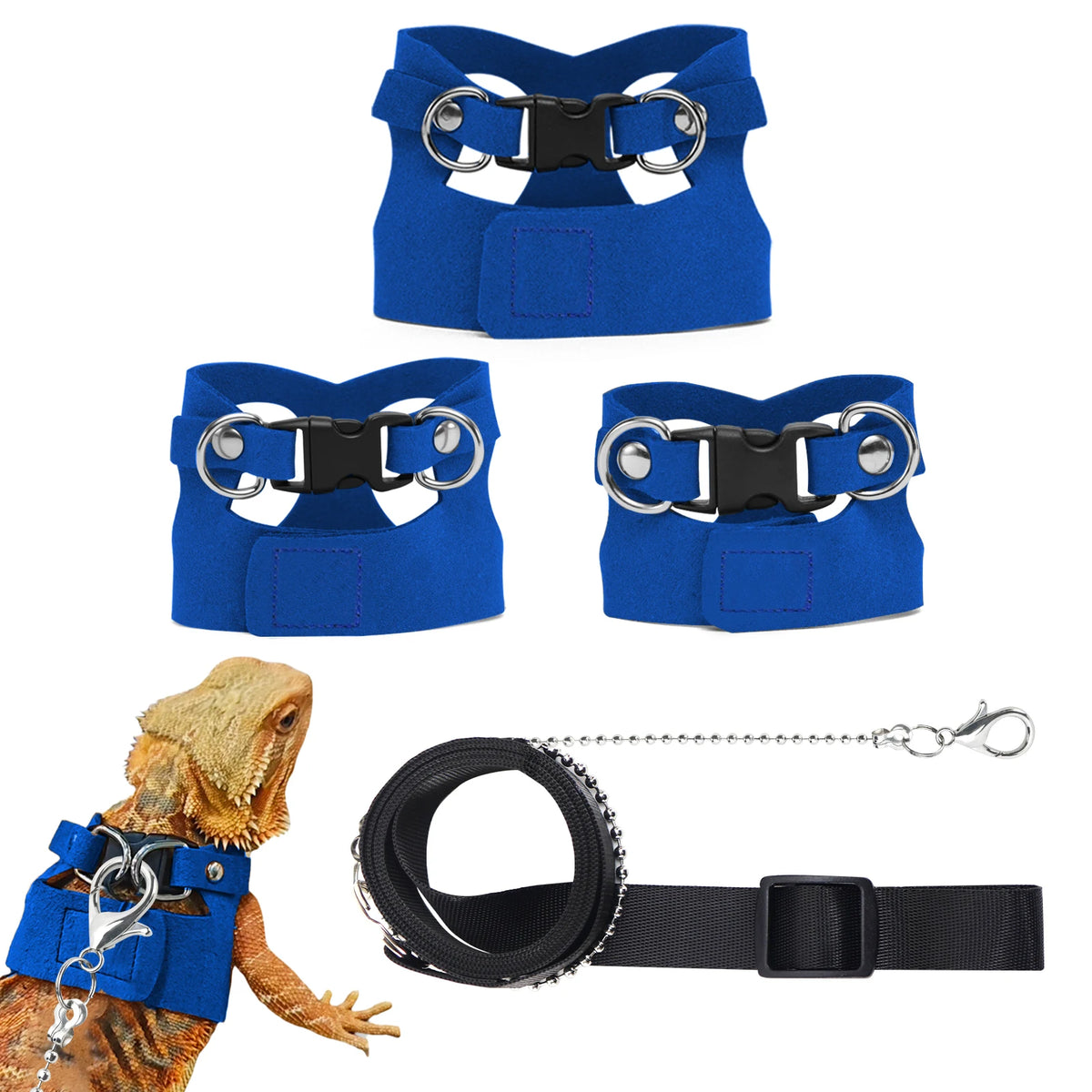 Set aus blauer, verstellbarer Leine und Geschirr für Reptilien, inklusive Halsband und gepolsterter Weste.