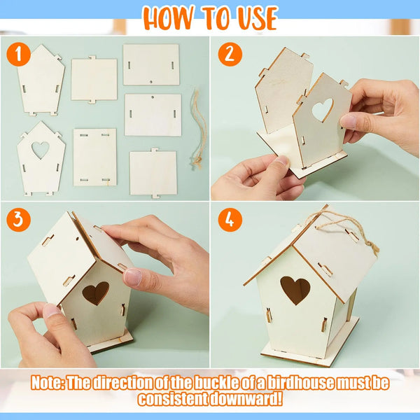 Unfinished Wooden Bird House Kit with Hemp Rope for DIY Painting