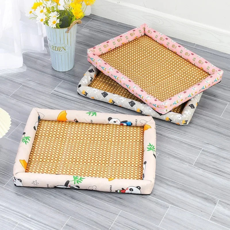 A set of rectangular rattan pet beds with breathable cotton mats in natural and pink tones.