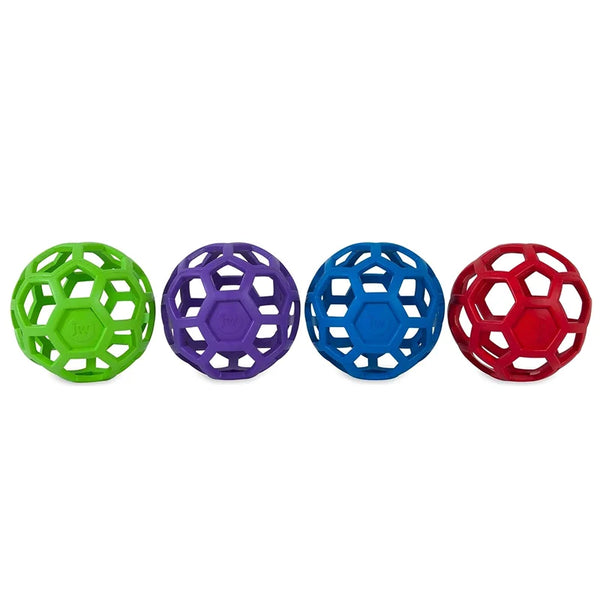 A set of four silicone treat-dispensing fetch balls for dogs in green, purple, blue, and red.