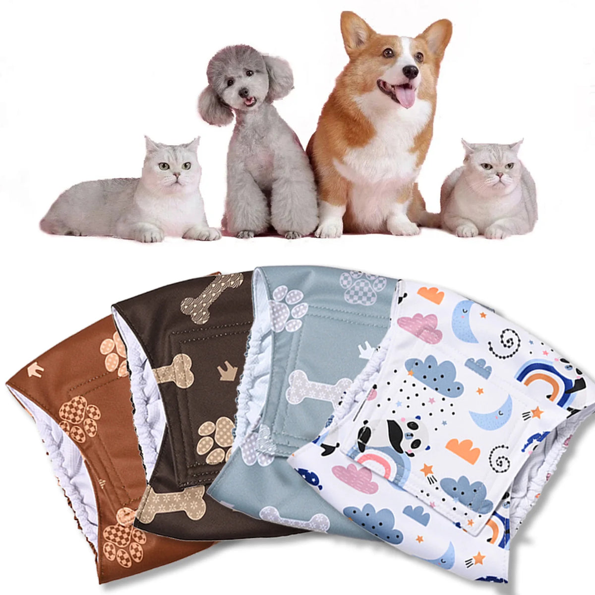 A collection of reusable washable dog diaper wraps featuring cats and a dog, displayed on a white background.
